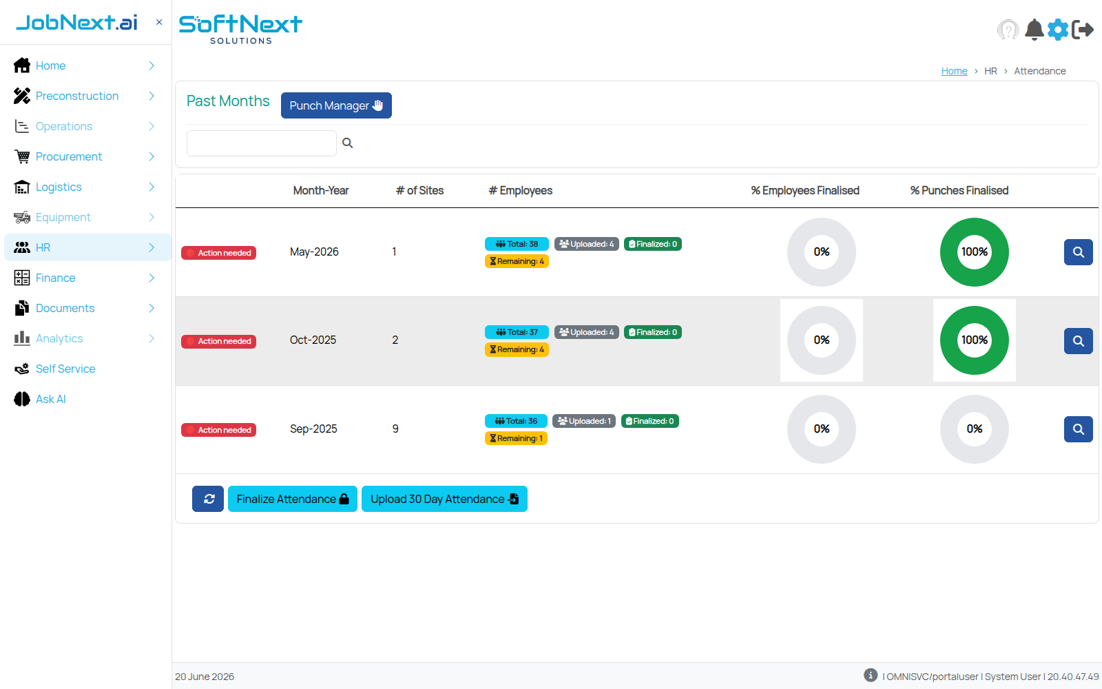 JobNext Punch Manager showing months awaiting attendance finalisation across sites
