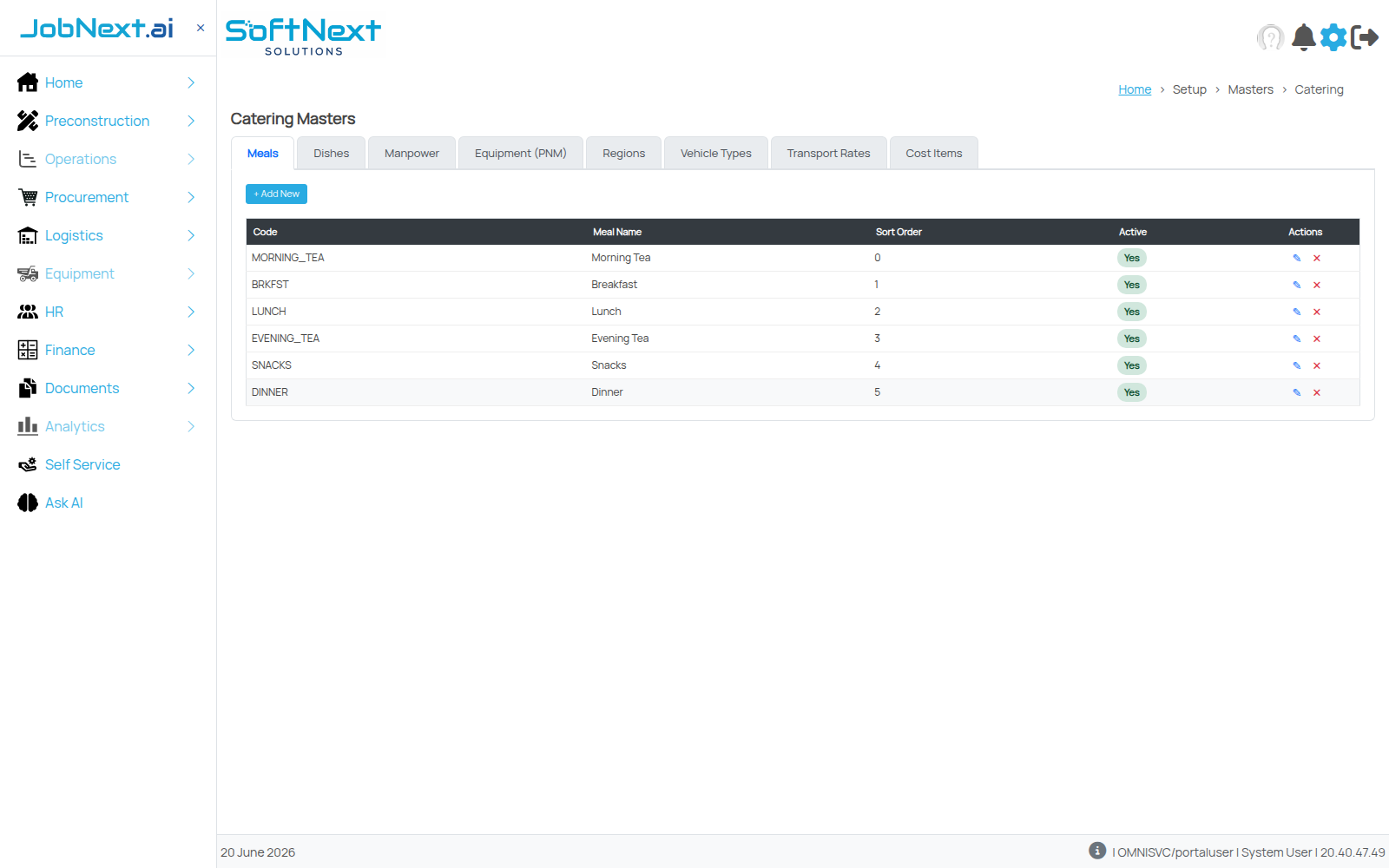 JobNext catering masters showing meal types: morning tea, breakfast, lunch, evening tea, snacks, dinner