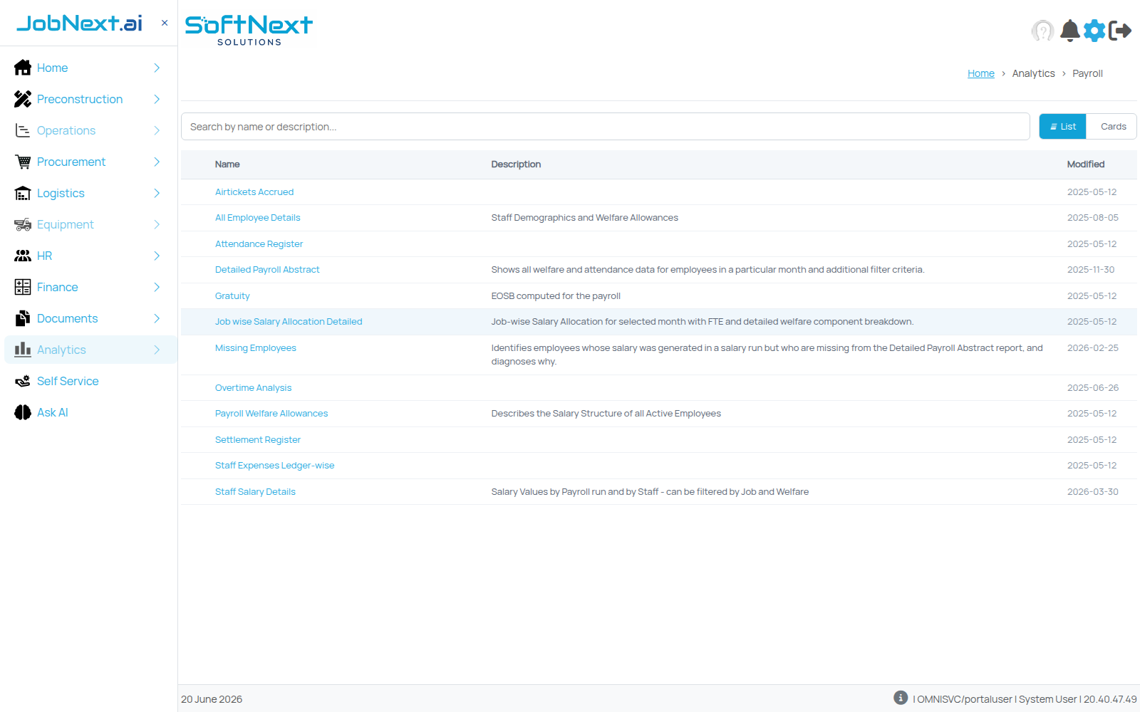 JobNext payroll analytics report list