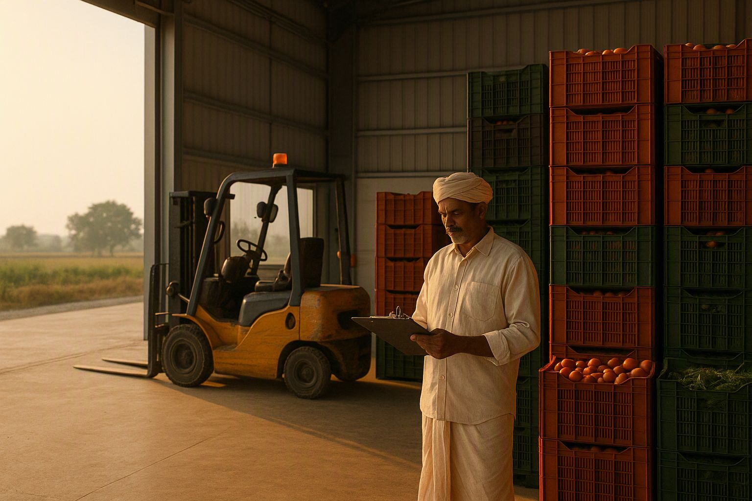 A cold-storage warehouse with crates of fresh produce