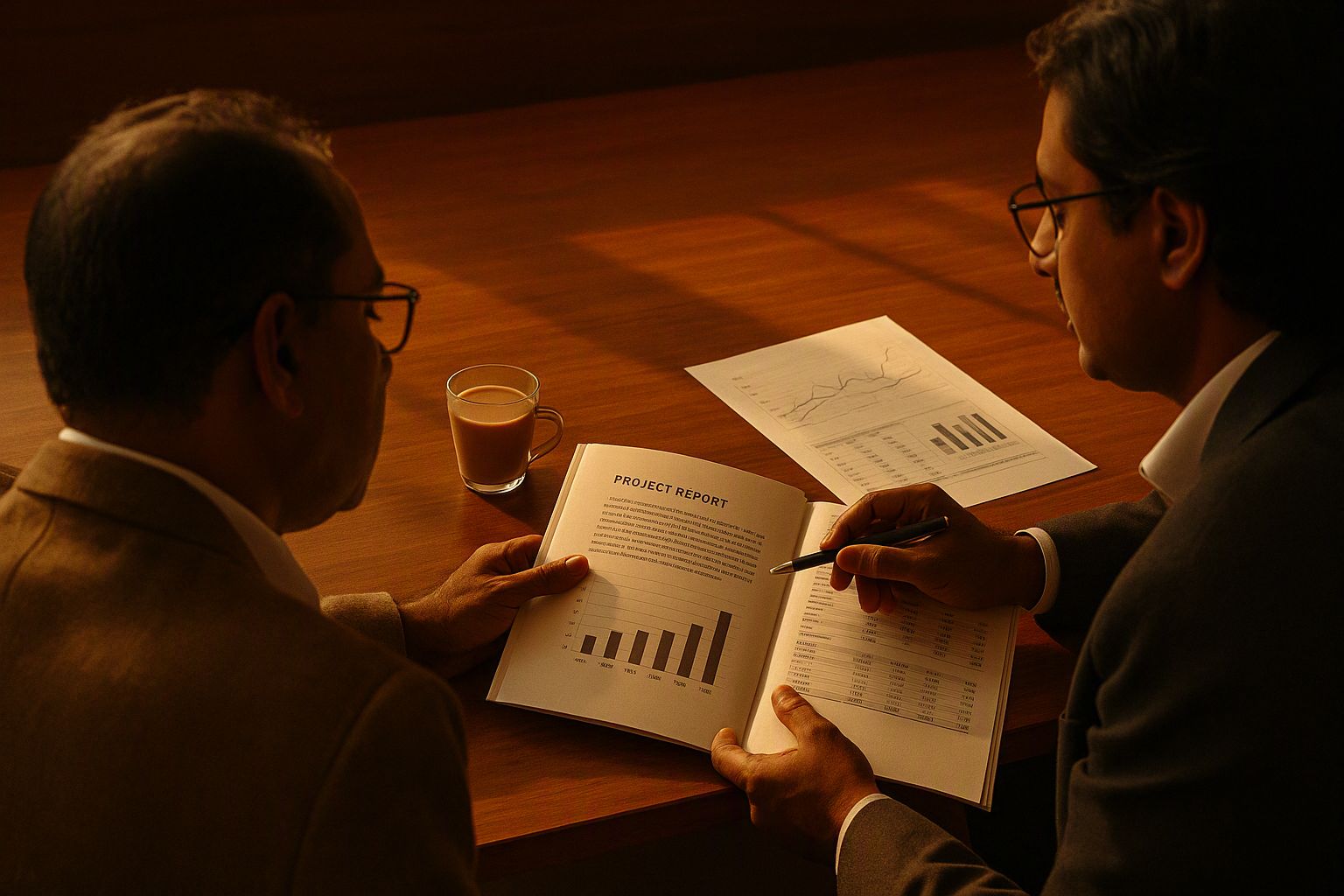 Advisors reviewing a project report at a boardroom table