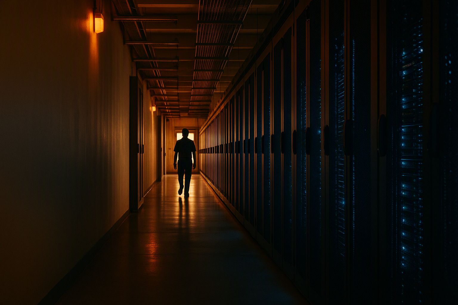 A corridor of server racks in a data centre