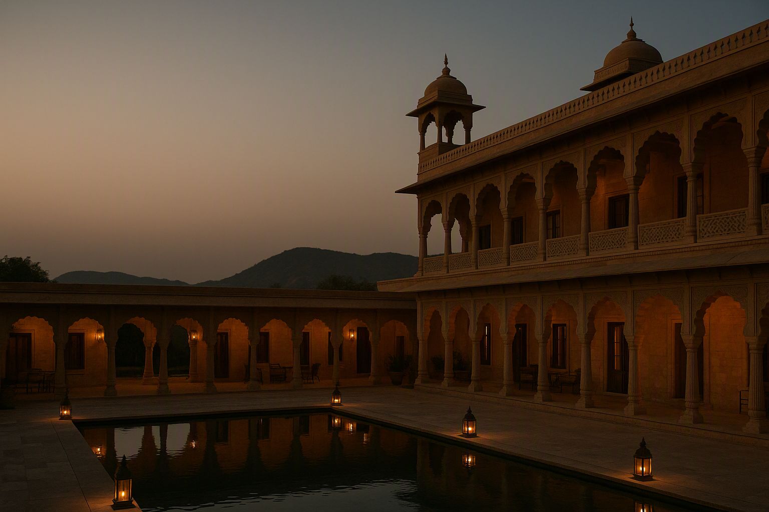 A heritage palace hotel courtyard in Rajasthan at dusk