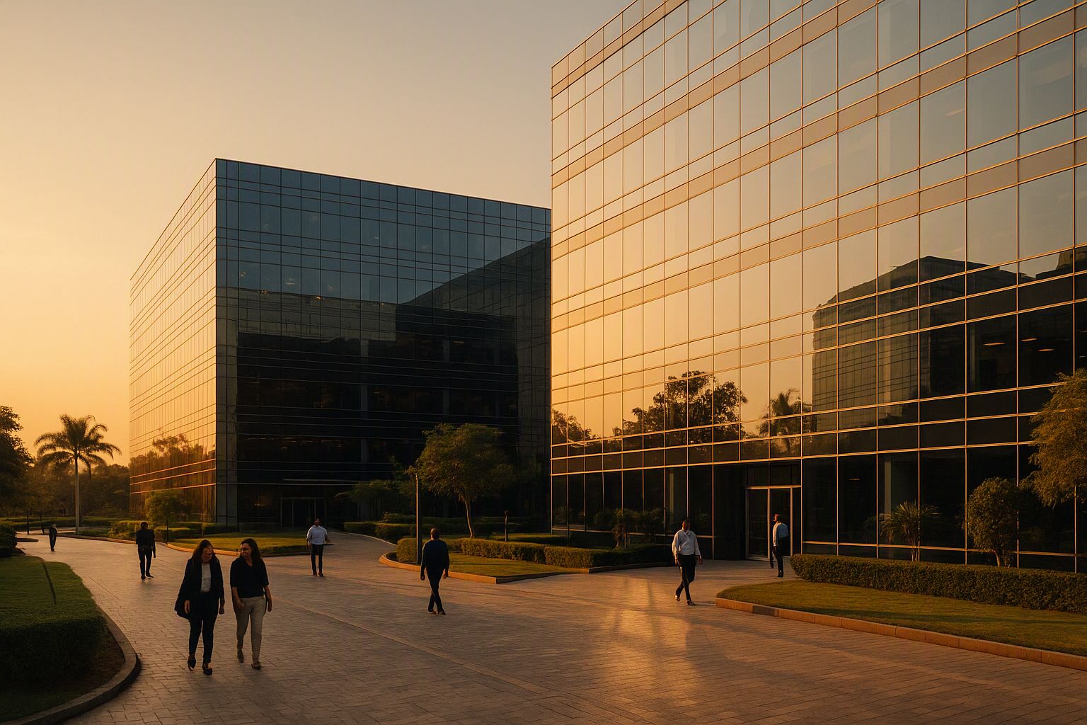 A glass office campus in Bengaluru at golden hour